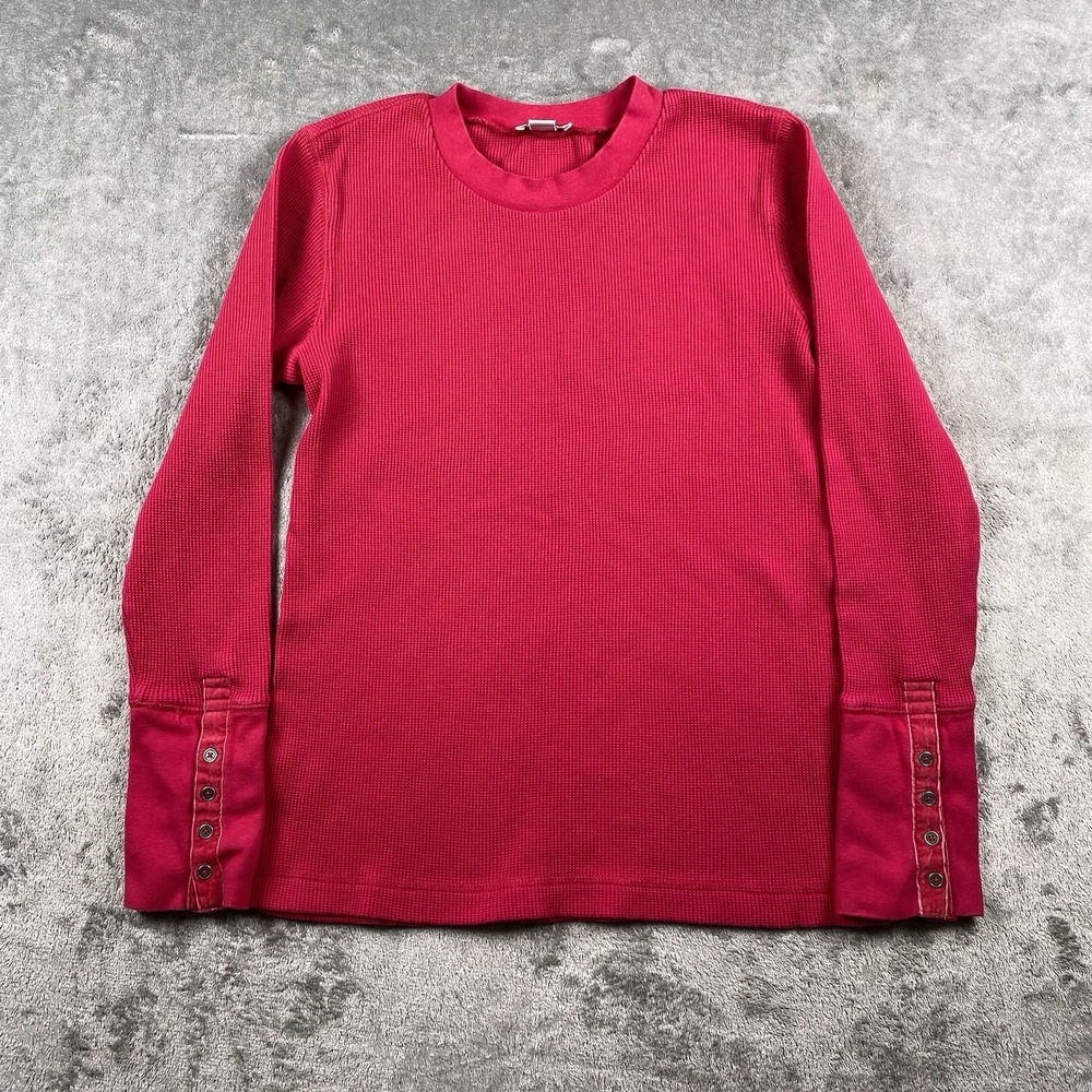 Sundance Top Womens Sz M Pink Crewneck Thermal Waffle Velvet Trim Button Cuff
